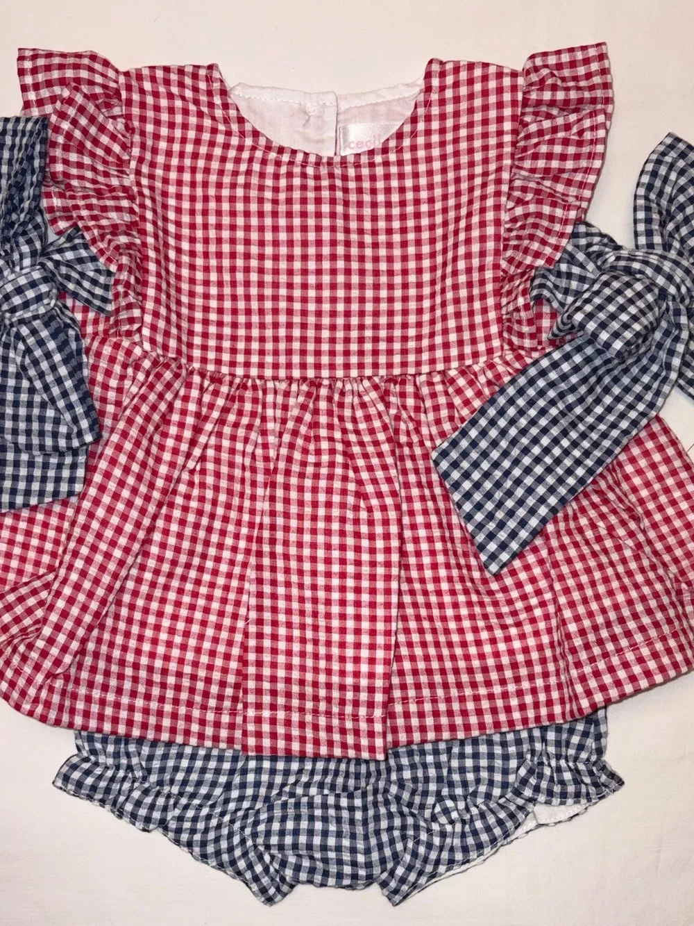Cecil and Lou fully lined red/navy Seersucker Diaper Set sz 9 months NWT